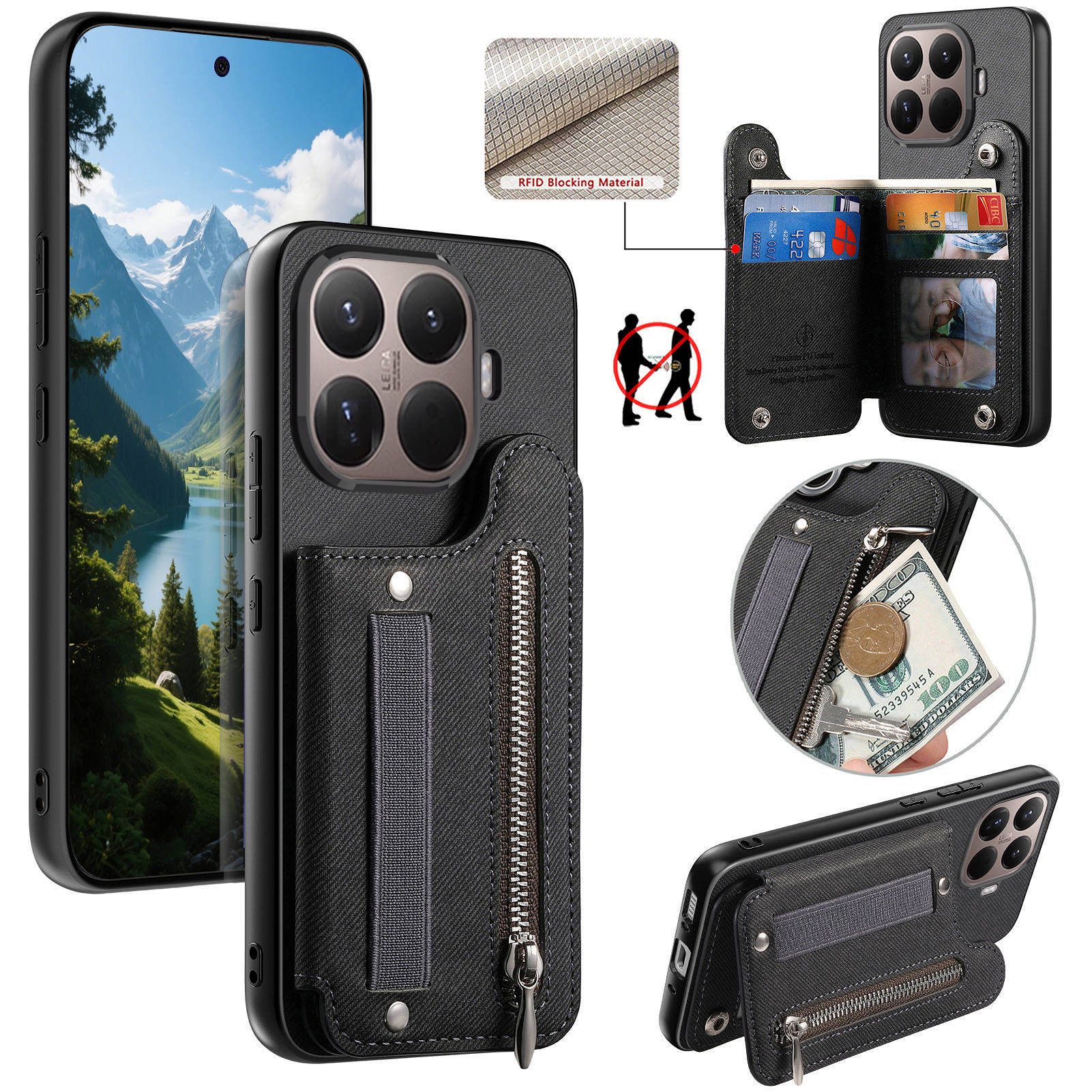 Leather Wallet Card Holder Phone Cover - حافظة هاتف جلدية بسحاب مع حزام